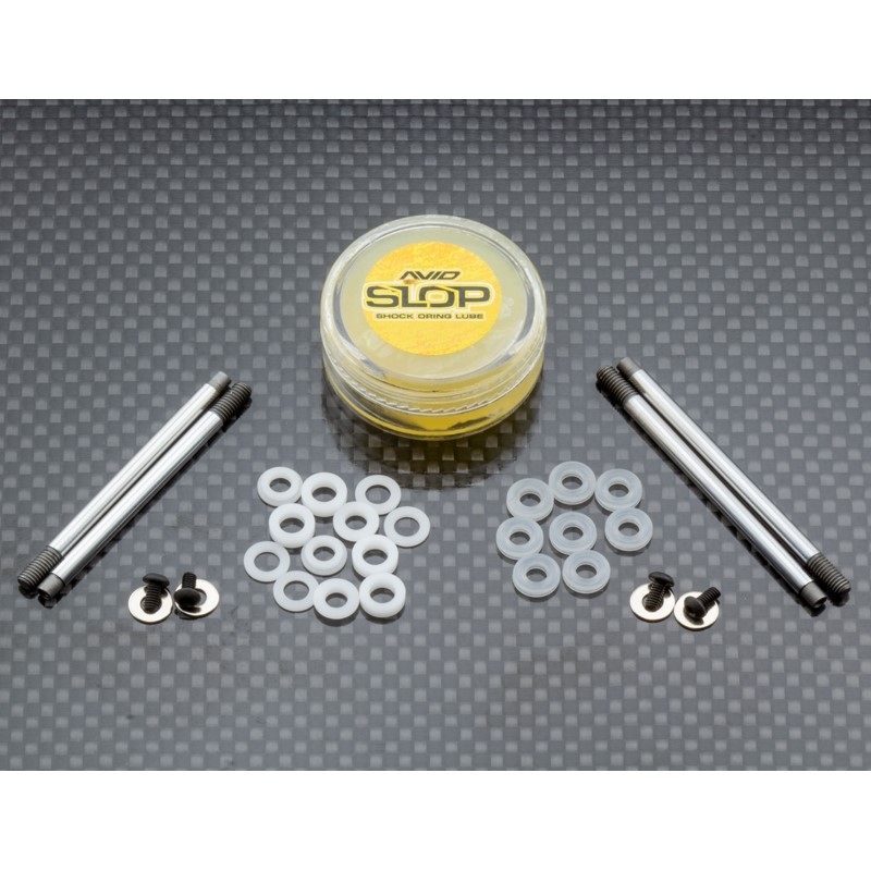 Avid shock rebuild kit for AE shocks - 23/27.5mm shafts, X-rings, machined spacers and Slop lube (all AE B6, B7, T6, SC6 or B74)
