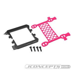 Carbon fibre logo battery cradle with cargo net battery brace - pink (all Associated B6, T6 or SC6)