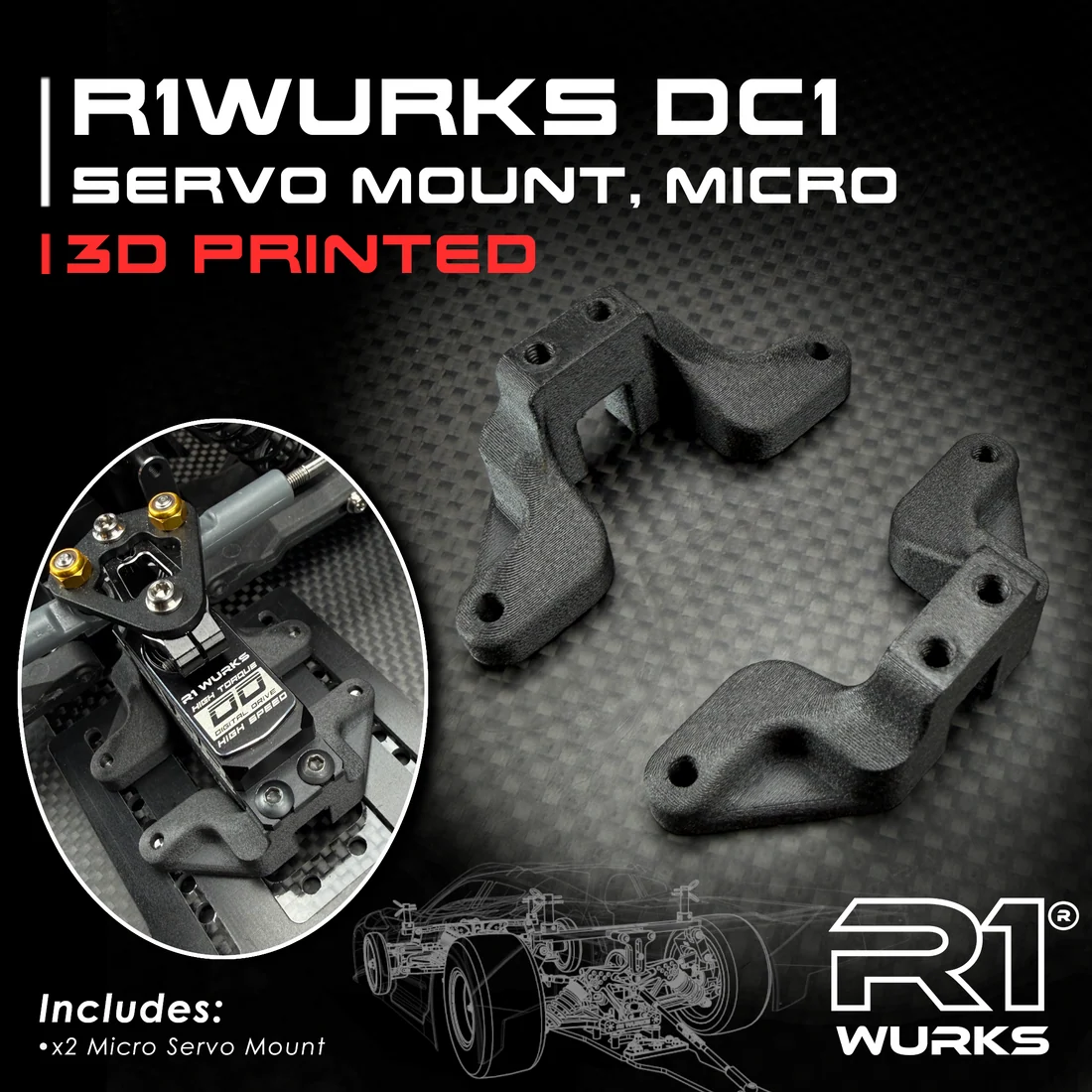 R1 Wurks - 3D Carbon micro servo mount set (R1 DC1 or DC1.2)
