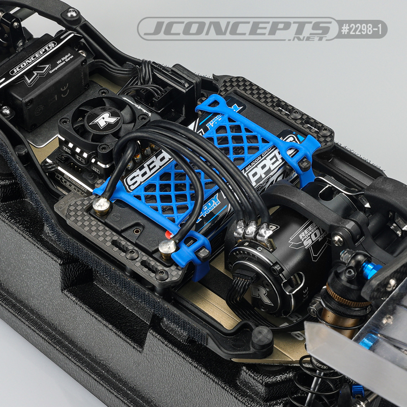 Carbon fibre logo battery cradle with cargo net battery brace - grey (all Associated B6, T6 or SC6)