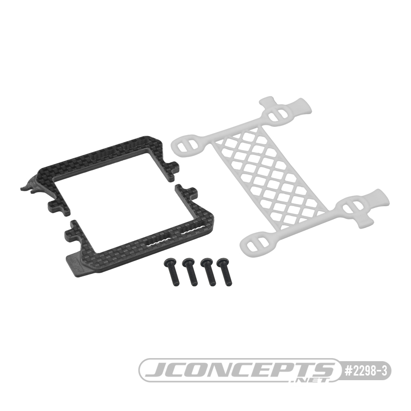 Carbon fibre logo battery cradle with cargo net battery brace - blue (all Associated B6, T6 or SC6)