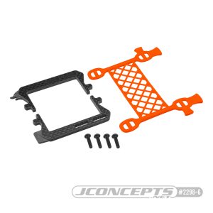 Carbon fibre logo battery cradle with cargo net battery brace - orange (all Associated B6, T6 or SC6)