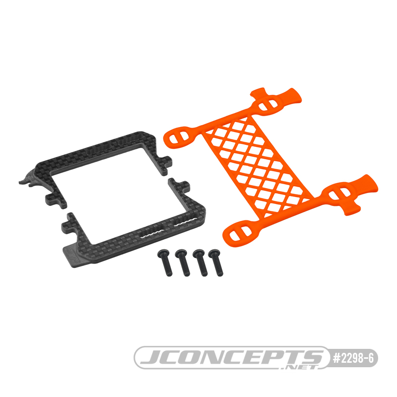 Carbon fibre logo battery cradle with cargo net battery brace - orange (all Associated B6, T6 or SC6)