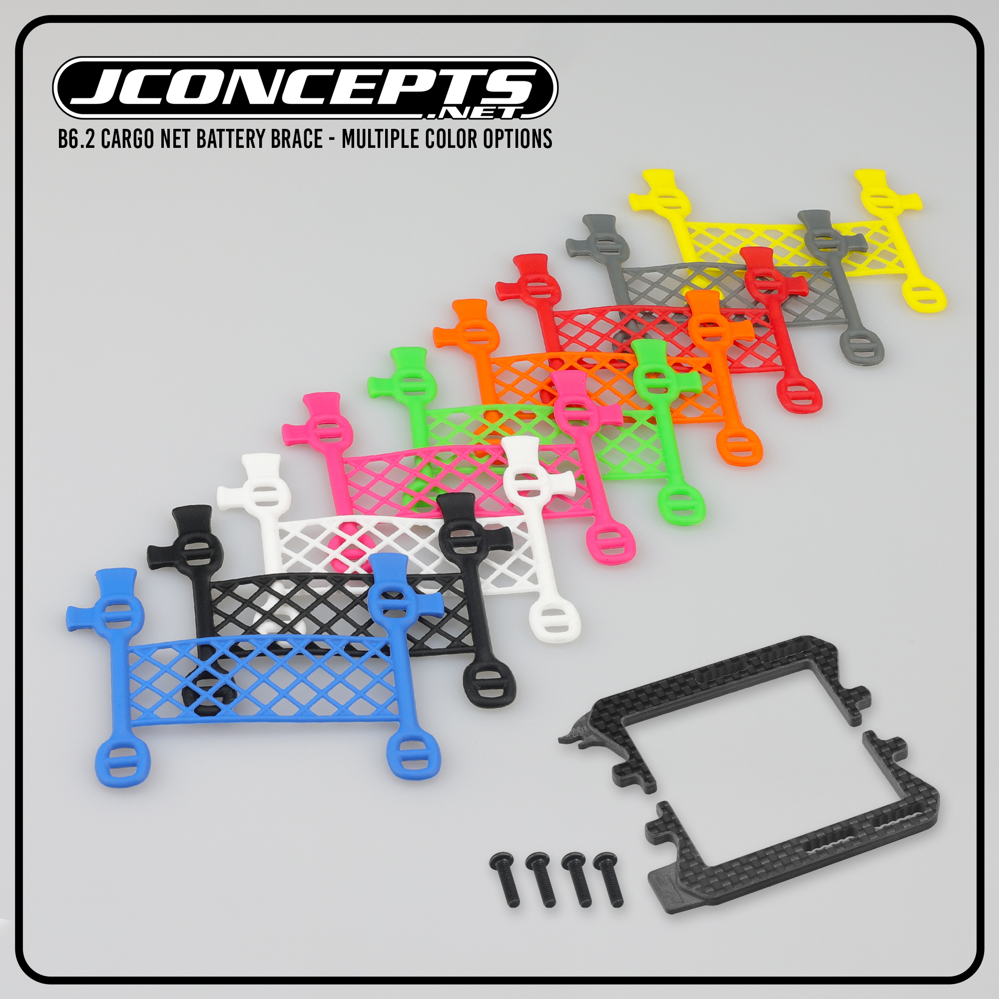 Carbon fibre logo battery cradle with cargo net battery brace - grey (all Associated B6, T6 or SC6)