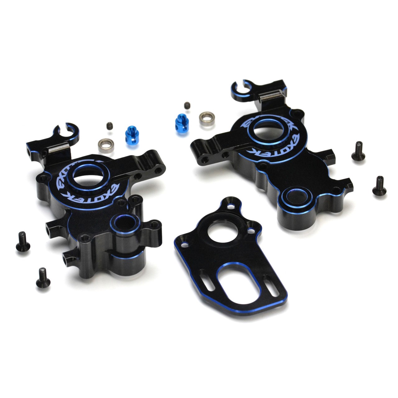Dual Blue and Black 7075 aluminium laydown gearbox case with sway bar mounts and motor plate - drag use (Associated B6)