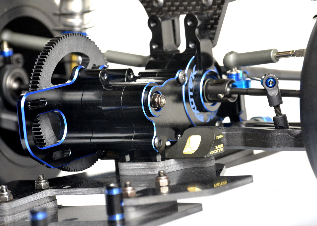Dual Blue and Black 7075 aluminium laydown gearbox case with sway bar mounts and motor plate - drag use (Associated B6)