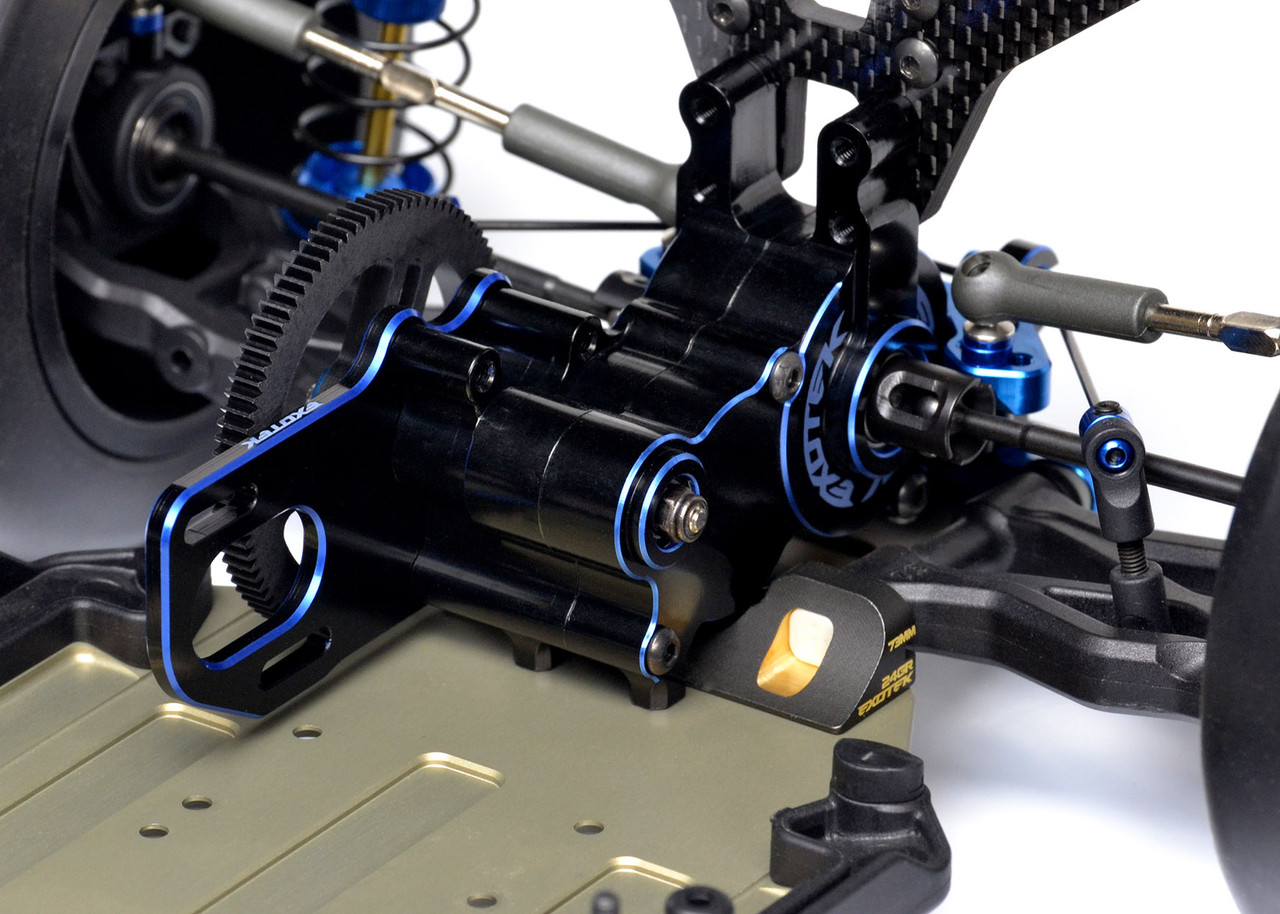 Dual Blue and Black 7075 aluminium laydown gearbox case with sway bar mounts and motor plate - drag use (Associated B6)